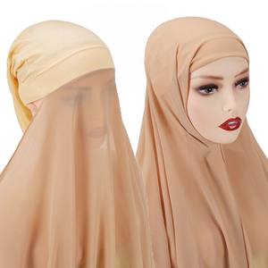 Écharpe à capuche en mousseline de soie musulmane traditionnelle pour femmes ensemble couleur unie Hijab instantané enveloppement foulard casquette châle-voile à la mode pour - Product Image 3