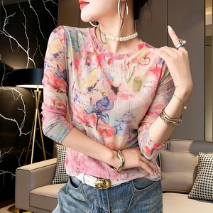 Sweet Printed Slim-fit T-shirt 26 Spring and Summer New Age-reducing Round Neck Slimming Inner Outer Wear Base Top - Product Image 1