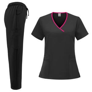 Women Scrub Set Blue V-Neck Short Sleeve With Pink Trim Moisture Wicking Hospital Uniforms - Product Image 5
