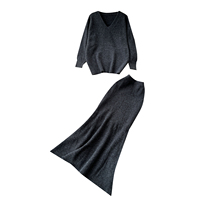 Ensemble deux pièces pour femmes, pull en tricot décontracté à col en V et manches longues, jupe longue en tricot, automne-hiver