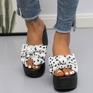 Mules compensées pour femmes, version coréenne, avec nœud papillon et fleur, talons hauts rehaussants, chaussures tendance - Product Image 2