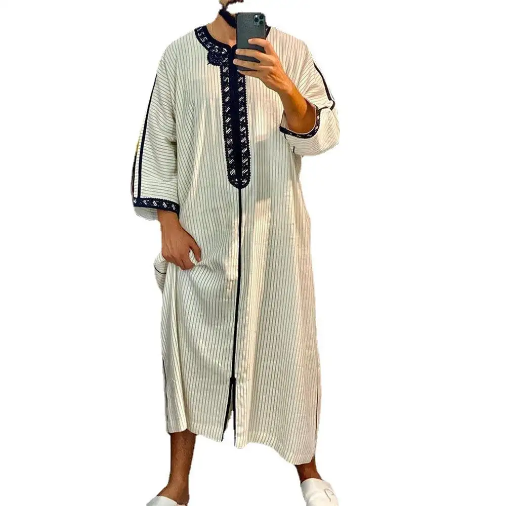 2023 summer Long men muslim Robe striped shirt abaya thobe islamic clothing traditional muslim clothing omani thobe