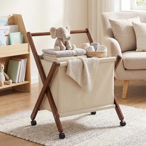 Panier à <span class=keywords><strong>linge</strong></span> pliable en bambou avec cadre en X, chariot à <span class=keywords><strong>linge</strong></span> roulant pliable avec roues, panier à vêtements avec doublure en coton pour salle de bain - Product Image 1