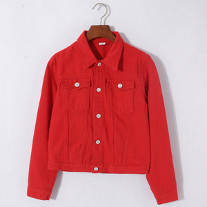 Veste en jean pour femme 100% coton tricoté respirant, couleur rouge personnalisée, denim d'extérieur hiver, boutonnée, haute qualité, unie - Product Image 1