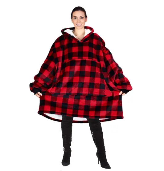 Plus Size Trui Sweater Warme Fleece Plaid Kleur Gecontroleerd Wearable Hoodie Deken Tv Deken Met Mouwen