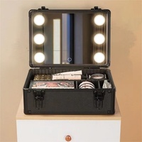 Miroir LED, organiseur de maquillage professionnel, valise à roulettes avec fermeture à glissière, panneau ignifuge et construction en alliage d'aluminium