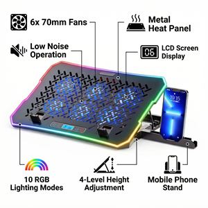 Refroidisseur d'ordinateur <span class=keywords><strong>portable</strong></span> Jetion 360x260x31mm à 6 ventilateurs, support pour téléphone <span class=keywords><strong>portable</strong></span> avec écran LCD, 10 lumières RGB, 4 niveaux de hauteur réglables, panneau métallique PJT-NCL2130 - Product Image 3