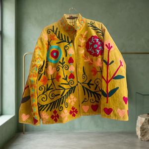 Lady's Velvet Embroidered Bomber Jacket-Meadow Bloom Quilted Prairie Chic Handmade Side Pockets Autumn <b>Spring</b> Winter - Product Image 3