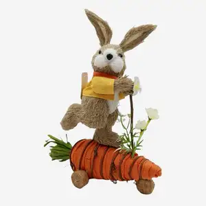 Home Decoration Supplies Natural Material Rabbit In Yellow Suit Riding Scooter Easter Straw Bunny Decor Seasonal Decoration