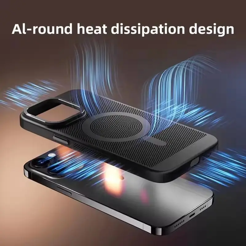 Metal Lens Frame Grid Hollow Heat Dissipation Cooling Magnetic Wireless Charging Phone Case For Iphone 15 14 13 12 11 Pro Max