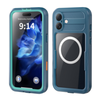 Étui de protection 360° étanche pour iPhone 16/16 Plus, translucide vert sarcelle, avec anneau magnétique et cordon, antidérapant et confortable