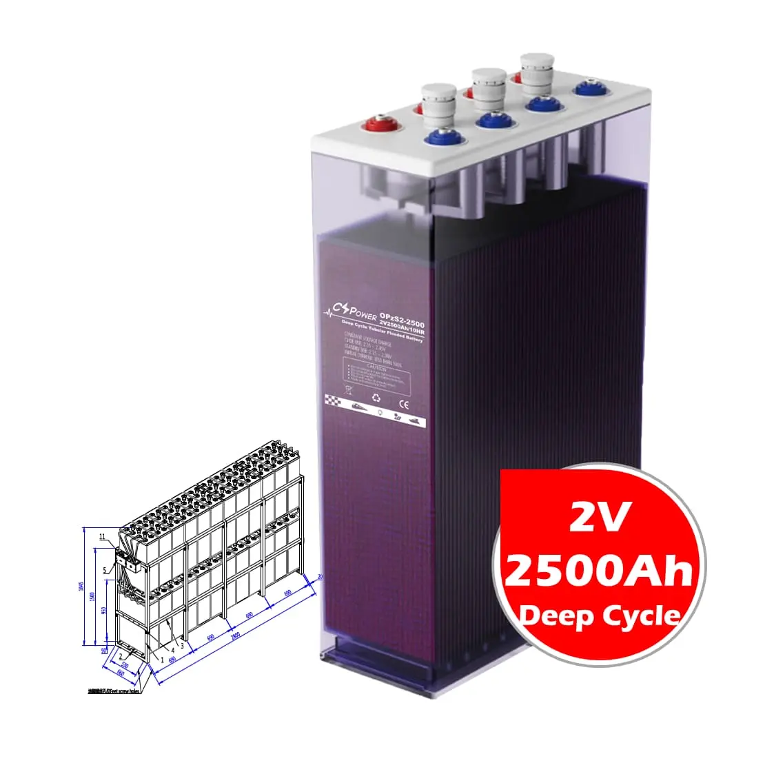 CSPower baterai OPzS tabung suhu tinggi 2V 2500Ah untuk inverter tenaga surya pabrik Tiongkok OPzV2-2500 24OPzS2500 VS Leoch RIT