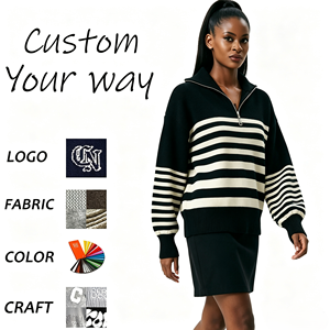 Maglione da <span class=keywords><strong>Donna</strong></span> Lavorato a Maglia con Mezza Zip, <span class=keywords><strong>Collo</strong></span> <span class=keywords><strong>Alto</strong></span>, Nero con Strisce Crema, Spalle Cadenti, Maniche a Palloncino, Pullover Invernale - Product Image 1
