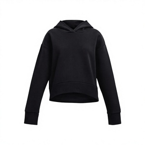 Sudadera con Capucha Negra para Mujer, Color Sólido, Manga Larga, Corte Recortado, Tejido de Algodón, Estilo Casual Otoñal - Product Image 2