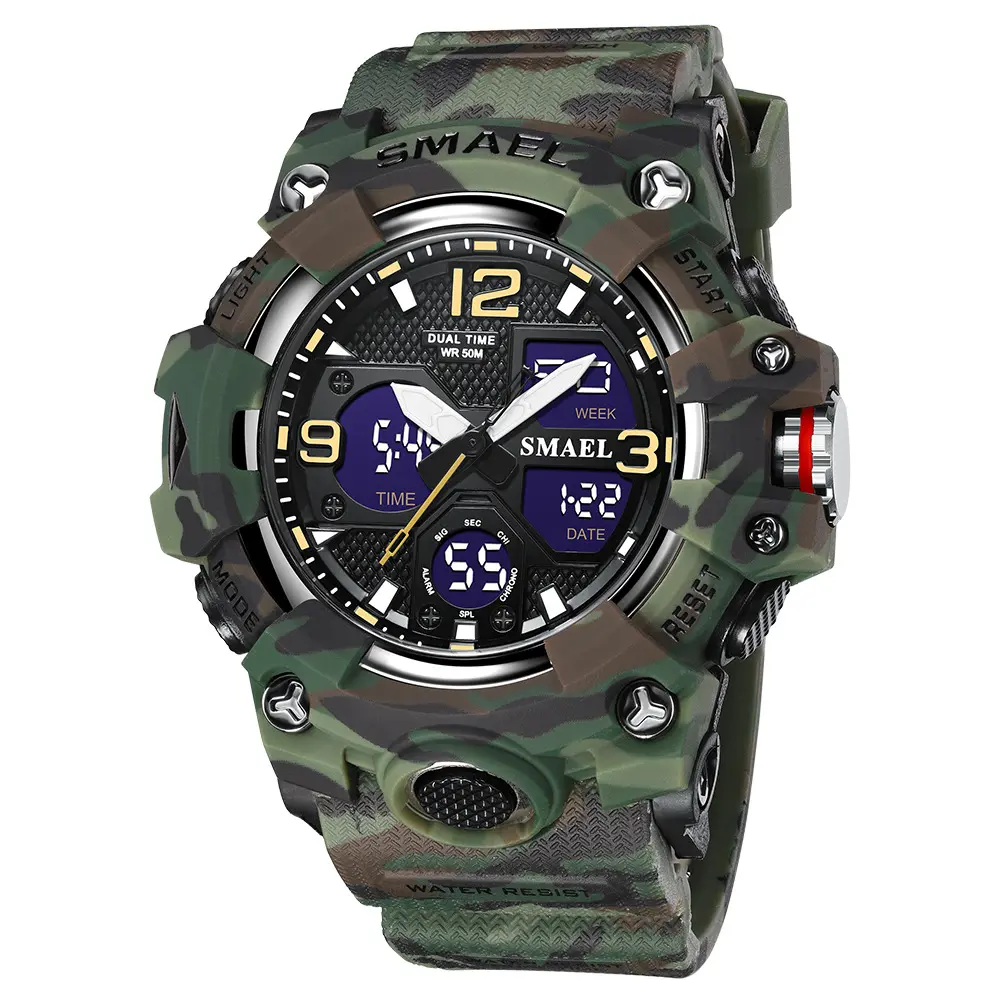 SMAEL 8008 Army Green Mens Wrist watch Dual Display Sports Analog Stop Watch Waterproof Analog and Digital Watch for men