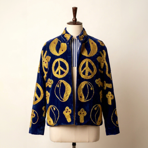 OEM Custom <b>Women</b> Peace Sign Embroidered Blue <b>Velvet</b> <b>Jacket</b> Boho Short Open Front Coat Vintage Winter Ethnic Outerwear Wholesale - Product Image 1
