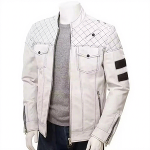 Mens Real White <b>Leather</b> <b>Jacket</b> Slim Fit Biker Motorcycle Quilted Shoulder Cowhide Coat Custom Classic Fashion Outerwear New Wear - Product Image 1