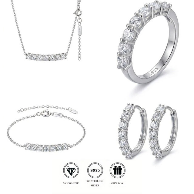 Wholesale 4Pcs Princess Seven Moissanite Jewelry Set S925 Silver Gold Plated Micro Inlay Smile Necklace Bracelet Ring Jewelry