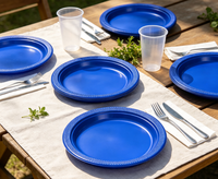 Assiettes jetables en plastique bleu solide, bord gaufré, rondes, résistantes, pour fêtes d'anniversaire, pique-niques, traiteur