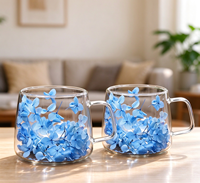 Tasse à café en verre double couche, design artistique moderne, avec fleurs séchées et véritables, effet sable mouvant, haute valeur esthétique