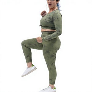 Wholesale Custom Logo OEM Tie-Dyed 2 Pieces <b>Set</b> Crop Top Long Sleeve Tees Butt Lifting <b>Sexy</b> Leggings Spandex/Polyester Knit - Product Image 1