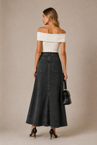 <span class=keywords><strong>Falda</strong></span> Maxi Formal/Casual de Mezclilla con Paneles Vintage en Negro y Gris para Mujer - Product Image 5