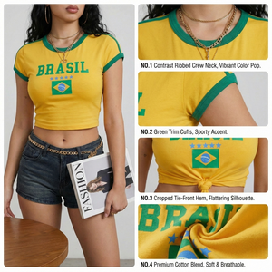 T-shirt da <span class=keywords><strong>Donna</strong></span> Personalizzata in <span class=keywords><strong>Cotone</strong></span> 200Gsm con Stampa Grafica Brasiliana Y2K, Manica Corta, Stile Baby Tee con Bandiera Nazionale - Product Image 2