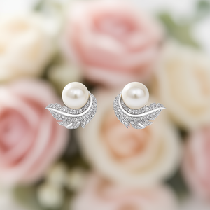 Boucles d'oreilles à plumes en or blanc E4151 avec strass en cristal pour femmes, bijoux classiques de mariage - Product Image 2