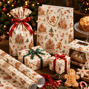 Papier d'emballage de Noël finition brillante avec imprimé maison en pain d'épices, emballage cadeau festif pour boulangerie et confiseries - Product Image 5