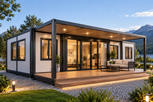 Maison conteneur moderne de forme rectangulaire, extérieur noir, terrasse en bois, portes coulissantes en verre, espace de vie extérieur - Product Image 2