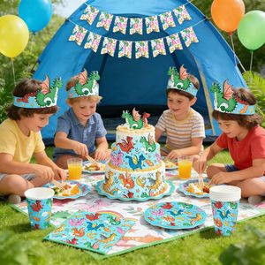 DAMAI - Vajilla Infantil para Fiestas con Diseño de Dinosaurios, Incluye Platos, Vasos y Servilletas de Papel, para 8 Personas - Product Image 1