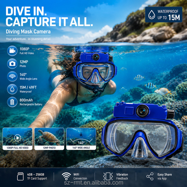 4K Underwater Camera for Diving Mask with Integrated Wide Angle Lens Silicone & ABS Materials Waterproof 360 Degree Rotation