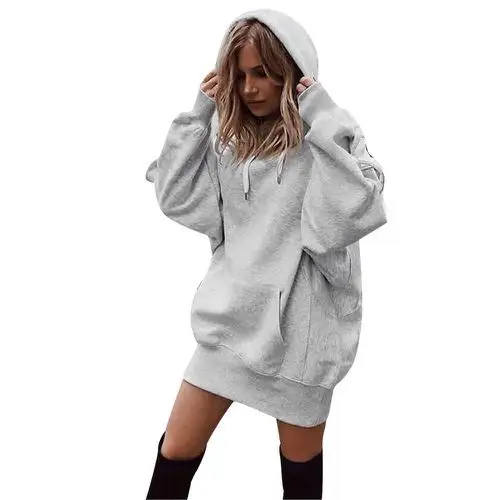 Women's Solid Color Pullover Hooded Loose Sweatshirt Long Sleeve Trendy Pullover Hoodie Dress