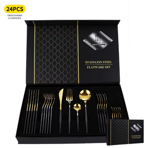 Offre Spéciale : Ensemble de Couverts Portugais Minimaliste en Acier Inoxydable, 24 Pièces, Poli Miroir, Plaqué Or (Couteaux, Fourchettes, Cuillères) - Product Image 1