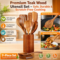 Ensemble de 9 ustensiles de cuisine en bois de teck antiadhésifs avec support et repose-cuillère, spatule à frire et écumoire non toxiques, ustensiles de cuisine en bois
