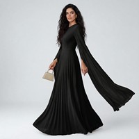 Robe de soirée noire unie pour femme, col rond, manches évasées fendues, coupe trapèze, taille naturelle, plissée, fluide, tricotée, lavable