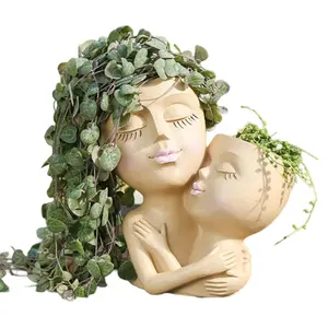 식물에 대한 사용자 정의 더블 헤드 화분 여성 얼굴 화분 실내 야외 수지 여성 머리 얼굴 화분