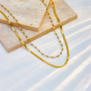 European American Double Layer Necklace Gold Imitation Pearl Chain Titanium Steel Flat Snake Design Geometric Irregular Pattern - Product Image 3