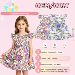 Robe d'été personnalisée pour filles, coupe trapèze, avec impression personnalisée et logo privé, robe florale à col rond et manches volantées pour tout-petits - Product Image 1