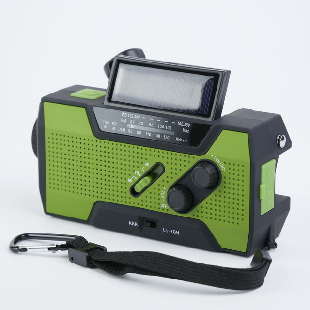 Portable 2000mAh Solar Powered LED Flashlight Emergency Crank Radio AM Band NOAA 3 Mode Weather Radio Hand Crank Reading Lamp