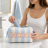 DICHOS Trousse de Maquillage Rayée Bicolore, Sac de Voyage Portable pour Articles de Toilette, Sac de Rangement Octogonal à Large Ouverture Verticale