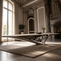 Table basse incurvée épurée à base creuse avec structure intégrée en fibre de verre et finition métallique de luxe pour la décoration de canapé résidentiel