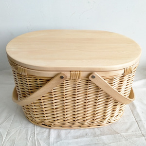 Natural Wicker Picnic Basket Set with Wooden Lid - Handwoven Wicker <strong>Hamper</strong> for Outdoor Camping Beach and <strong>Family</strong> Gatherings - Product Image 3