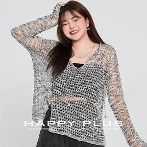 Ensemble de couverture tricotée Happy Plus pour femmes grandes tailles, haut décontracté ajouré avec short noir gris N8889 - Product Image 1