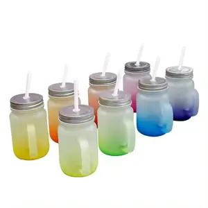 14OZ Gradient Colored Mason Jars for Sublimation Handle Lids with Straw Subcategory Mugs