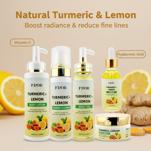 Ensemble de soins pour la peau du visage au curcuma et au citron, végétalien et biologique, sérum éclaircissant naturel, crème contre l'acné, lotion corporelle, huile nettoyante, pour un teint éclatant - Product Image 1