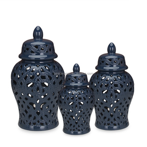 Juego de tarros de porcelana <span class=keywords><strong>para</strong></span> decoración del hogar, juego de tarros de jengibre de cerámica azul ahuecados, florero grande de calidad - Product Image 1