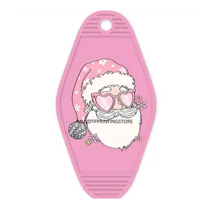 핑크 크리스마스 산타 클로스 하이 퀄리티 방수 UV DTF 스티커 모텔 호텔 열쇠 고리 메리 크리스마스 휴가