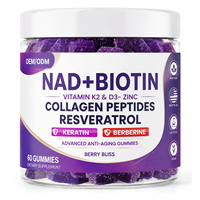 Gummies pour adultes NAD+ Resvératrol Berbérine Biotine Collagène Kératine Zinc K2 D3 pour Cheveux, Peau et Ongles – 2 Gummies par Jour