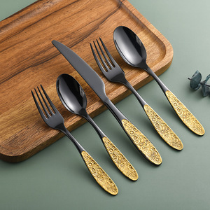 Juego de Cubiertos de Acero Inoxidable Negro y Dorado Estilo Europeo Retro Shiny Jh, Cuchillo, Tenedor y Cuchara, Acero 304, Acabado Pulido Espejo - Product Image 1